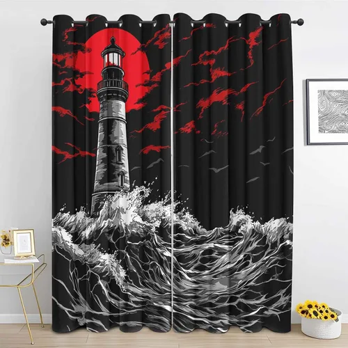 Vista 10 de Cortinas de faro costero de 54 pulgadas de largo, 2 paneles, cortinas opacas con ondas de vela para decoración de dormitorio, sala de estar, Negro