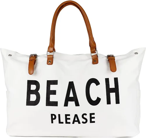 Vista 7 de Bolsa de playa con mango de cuero vegano, extra grande, para mujer, impermeable, a prueba de arena, color blanco