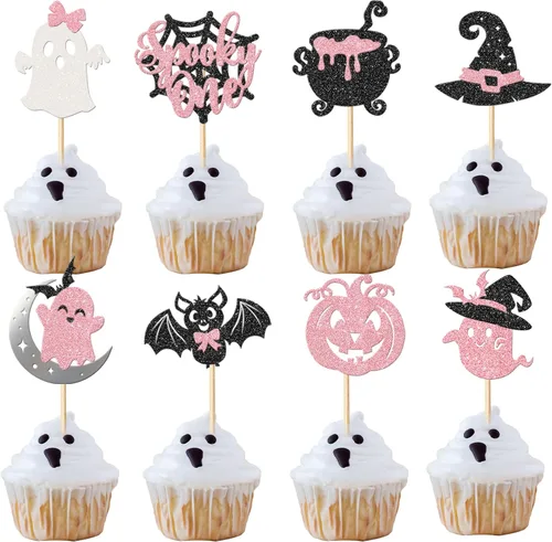 Vista 18 de Rsstarxi Paquete de 24 adornos para cupcakes Little Boo con purpurina, bruja, gato, calabaza, castillo, fantasma, magdalenas, alimentos, decoración