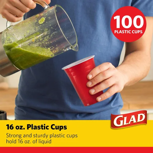 Vista 2 de Tazas de plástico desechables de Glad Everyday de plástico, 100 unidades, resistentes y resistentes, de plástico, color rojo para todas las ocasiones