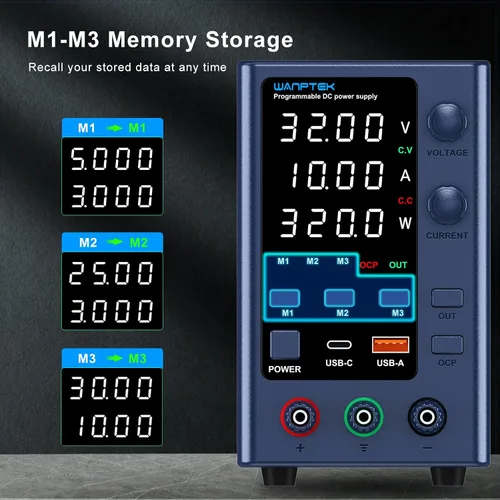 Vista 2 de Fuente de alimentación DC variable 0-32V 0-10A, bancos de alimentación ajustables con almacenamiento de memoria/USB-A y tipo-C de carga rápida/OCP