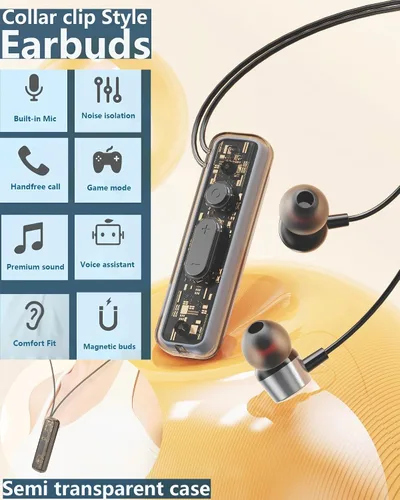 Vista 2 de ZXQ Auriculares Bluetooth con banda para el cuello con clip de solapa con micrófono, clip magnético intrauditivo inalámbrico para deportes Gris