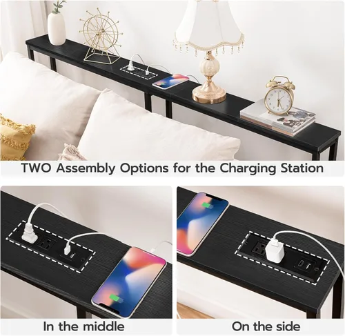 Vista 7 de HOOBRO - Mesa de consola estrecha de 63" con estación de carga, mesa de sofá de 5.9" con 2 tomas de corriente y puertos USB, mesas largas de entrada