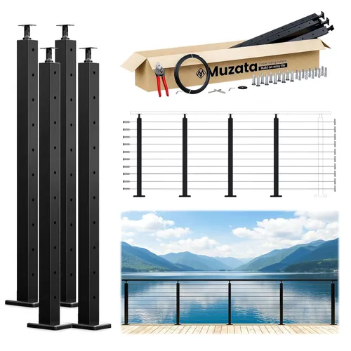 Vista 13 de Muzata Paquete de 4 postes de barandilla de cable negro de 36 pulgadas, 36 x 2 x 2 pulgadas, montaje en superficie perforada de nivel T304, kit