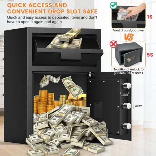 Vista 3 de Caja fuerte de 2.8 pulgadas cúbicas para negocios, con ranura antirrobo para dinero con cerradura de combinación digital y llaves de repuesto, caja