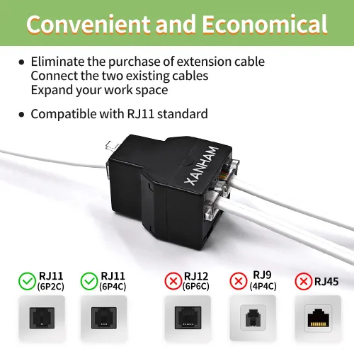 Vista 4 de Cable de teléfono divisor de 2 vías RJ11 6P4C adaptador de cable de línea telefónica con cable de 3 pulgadas para cable de teléfono fijo, negro
