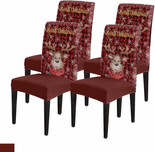 Vista 41 de Savannan - Juego de 4 fundas para sillas de árbol de Navidad, bolas de copos de nieve de color rojo invierno, fundas elásticas para sillas Parsons