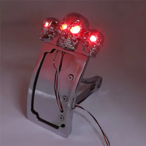 Vista 7 de Soporte de placa de matrícula de montaje lateral de curva cromada con luz trasera LED de calavera 7/8 "1" eje [P/N: USMT301A-S-CD] Cromo