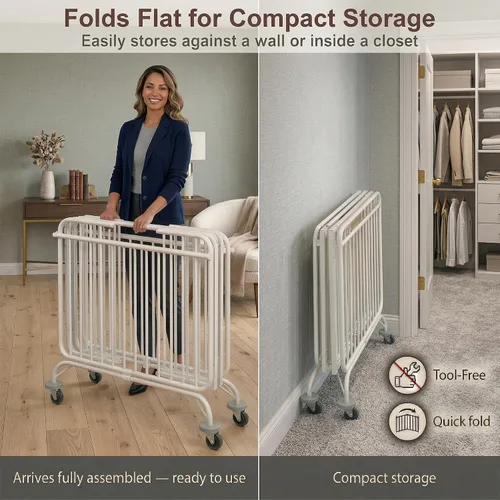 Vista 5 de L.A. Baby Deluxe Holiday Mini/Cuna plegable portátil de metal, color blanco Metal frame, locking caster wheels, tool-free fold, fits standard