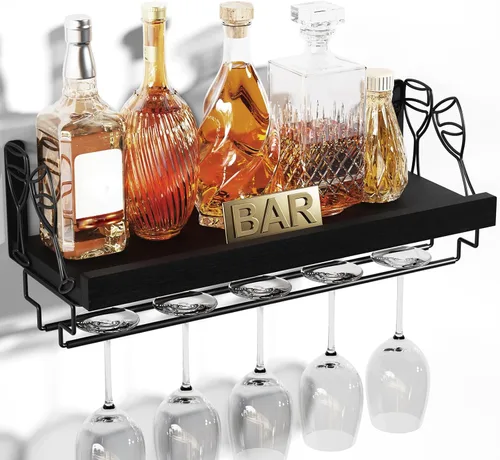 Vista 9 de Love-KANKEI - Estante para vino con colgador de copas, madera maciza, 17 pulgadas, marrón oscuro Wine Glass Rack,Floating Wall Shelf,Easy to