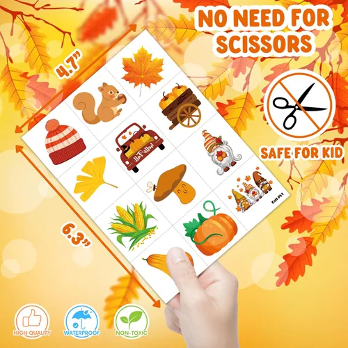 Vista 4 de 96 piezas de tatuajes temporales precortados para otoño y otoño, decoración de fiesta de cumpleaños, suministros de decoración de Acción de Gracias