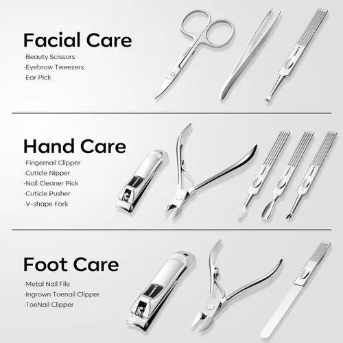 Vista 4 de FAMILIFE - Kit de manicura profesional para uñas, 11 en 1, de acero inoxidable, con estuche de viaje portátil de cuero negro, regalos de lujo para él