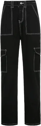 Vista 5 de YUTANRAL Pantalones cargo para mujer, cintura alta, pierna ancha, a la moda, casual, holgados, Y2K, pantalones de senderismo con bolsillos, negro
