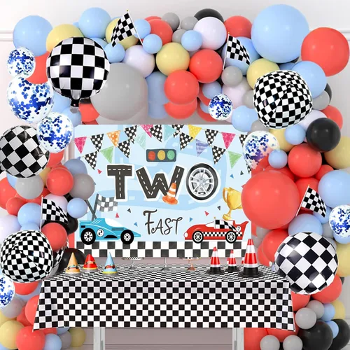 Vista 8 de Decoración de fiesta de cumpleaños de coche de carreras, globos de automóvil de carreras con flecos de aluminio a cuadros, telón de fondo