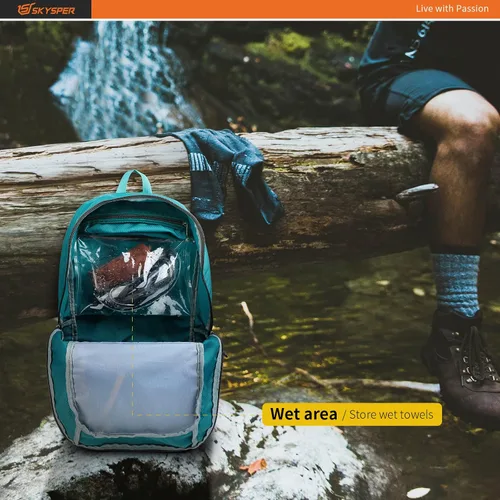 Vista 3 de SKYSPER Mochila ligera y plegable – Mochila de senderismo de 30L con bolsillo húmedo, mochila plegable de viaje para mujeres y hombres