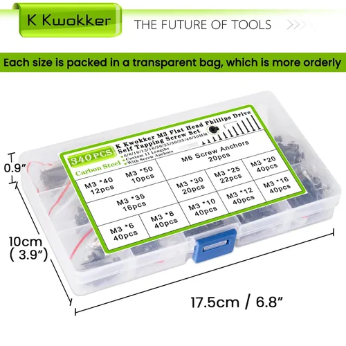 Vista 8 de Tornillos autorroscantes M3 Kit surtido de tornillos para madera de 0.236 in a 1.969 in, puntas Phillips de cabeza plana, tornillos y anclajes