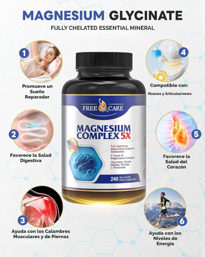 Vista 2 de Complejo de magnesio de 820 mg, 240 cápsulas vegetarianas, para mujeres y hombres con glicinato de magnesio, citrato, malato, taurato y L-treonato