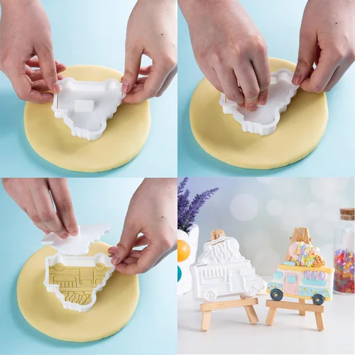 Vista 6 de Cortadores de galletas de helado con sello 3D PLA para decoración de pasteles de cocina, carrito, formas de paletas para niños, 3.5 pulgadas, sellos