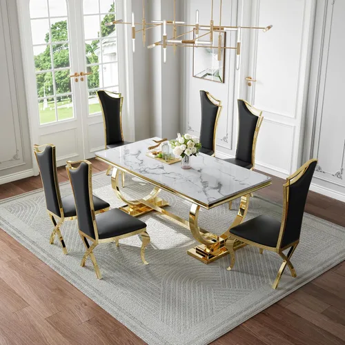 Vista 3 de Juego de mesa de comedor de mármol de 70 pulgadas para 6 bases doradas