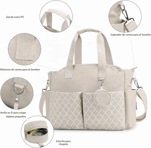 Vista 6 de Lmbabter Bolsa de pañales con cambio de estación de cambio Bolsa de bebé multifunción con correa de hombro ajustable Beige