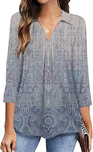 Vista 2 de Ladies Tops and Blouses 34 Sleeve Floral Collared V Neck Tops Women's Boho Tops Summer Spring Fashion for Women 2024