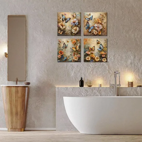 Vista 97 de Wall HDQ Arte de pared de flores para baño, dormitorio, sala de estar, decoración de pared azul y naranja, pintura floral, lienzo impreso, imagen