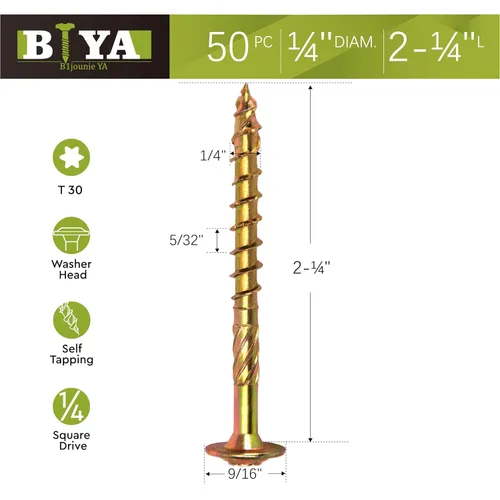 Vista 5 de Tornillos Estructurales, Tornillo de Anclaje de Construcción de 1/4" x 2-1/4" con Cabeza Torx/Estrella de Servicio Pesado, Tornillo de Anclaje