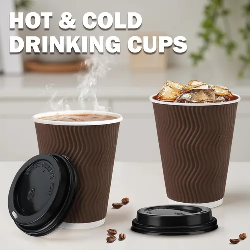 Vista 6 de Tazas de café desechables de 12 onzas con tapas, tazas de papel de café con tapas para llevar, tazas calientes aisladas para bebidas calientes