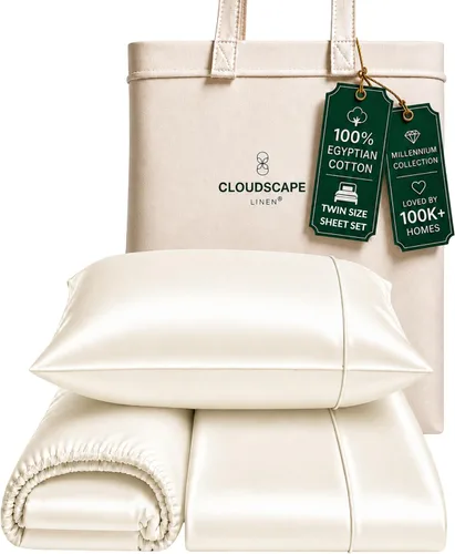 Vista 65 de Cloud Scape Linen - Juego de sábanas de algodón egipcio de doble capa, tamaño individual, tejido de satén de fibra larga, juego de 3 piezas, ropa