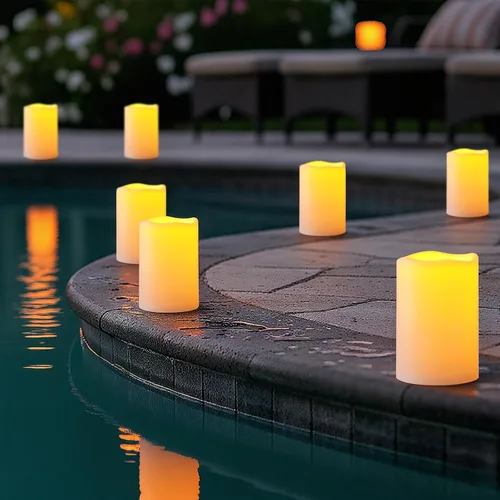 Vista 8 de Amagic Paquete de 2 velas eléctricas de plástico sin llama de 6 x 4 pulgadas para exteriores con control remoto y temporizador, velas falsas