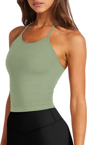 Vista 2 de LASLULU - Sujetador deportivo para mujer, ombliguera larga sin costuras, camiseta corta con espalda cruzada, tirantes de espagueti, brasier