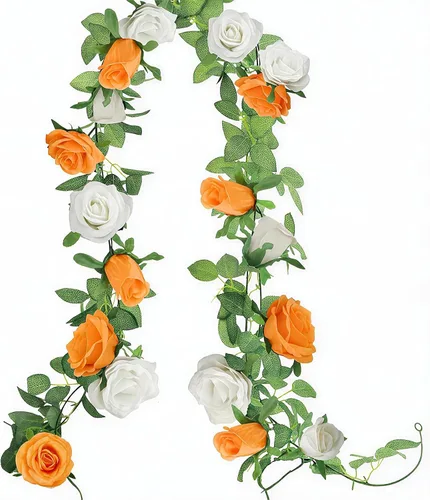 Vista 14 de GREENTIME - Guirnalda de flores artificiales 2 unidades, 4 metros de vid de rosas falsas, 9 cabezas de rosas, para arco de boda, centro de mesa