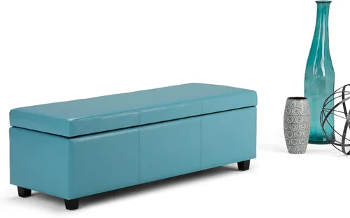 Vista 3 de Otomana rectangular de almacenamiento de cuero sintético Simpli Home Avalon., Poliuretano, Azul