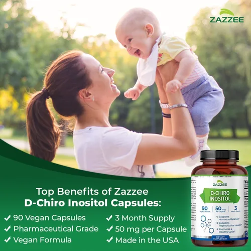 Vista 4 de Zazzee Suplemento de inositol de relación 40:1 Myo y D-Chiro para mujeres Cápsulas de D-Chiro y Myo Inositol para la regulación del ciclo, apoyo