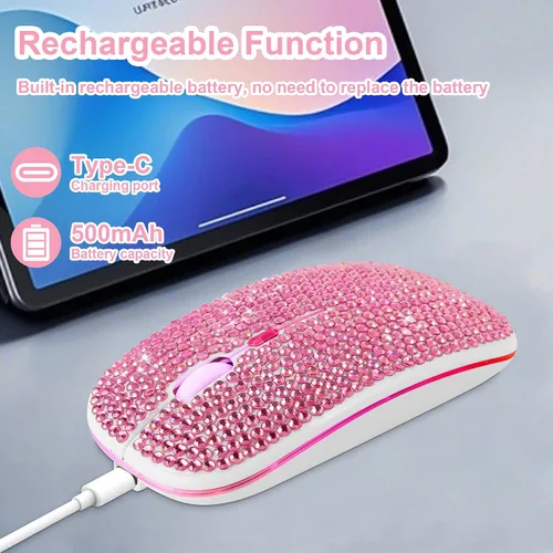 Vista 5 de Ratón inalámbrico Bluetooth lindo rosa brillante cristal Rhinestone ratón de computadora con luz LED 2.4GHz y Bluetooth Dual Mode recargable