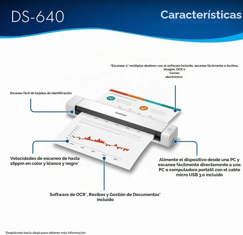 Vista 3 de Brother DS-640 Escáner Compacto Móvil de Documentos, (Modelo: DS640) 1.5"x2"x11.9