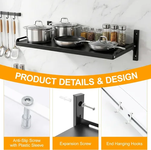 Vista 4 de ABCOOL Estante de montaje en pared extensible para horno microondas, cocina, hogar, soporte desmontable ajustable a presión con 4 ganchos