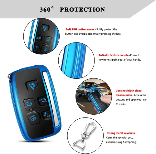Vista 4 de QBUC Funda para llavero LAND ROVER con llavero para Range Rover Evoque Sport Velar Land Rover Discovery Jaguar F-Pace F-Type XE XEL XF XFL XJ Azul