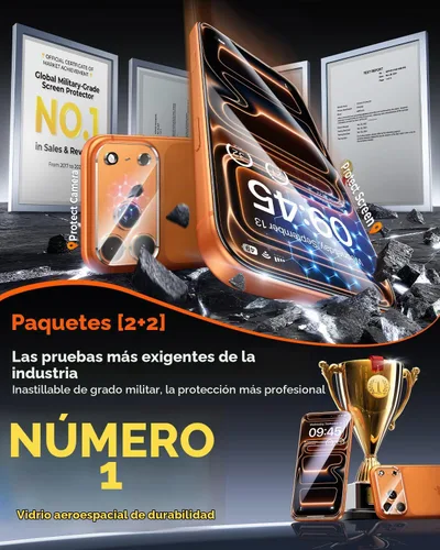 Vista 8 de Paquete de 2+2 protectores de pantalla para iPhone 17 Pro Max, con protector de lente de cámara