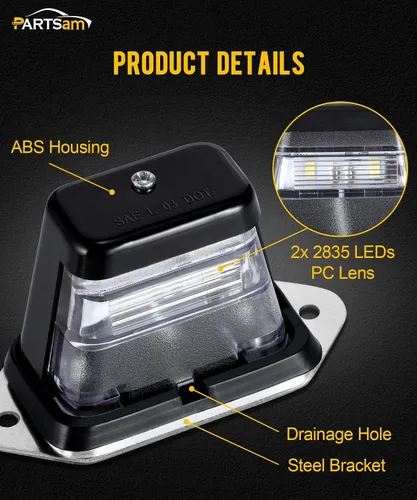 Vista 4 de Partsam Luz de matrícula LED impermeable de 12V CC con luz para placa de licencia, soporte con orificio de drenaje, carcasa de ABS, lente de PC
