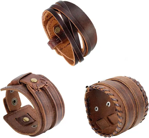 Vista 8 de OIDEA Assorted 3pcs Mens Punk Multistrand Leather Braided Bangle Cuff Bracelet for Biker Dad Father Size Adjustable