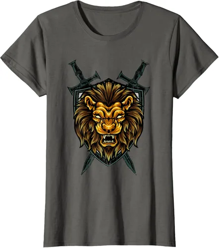 Vista 55 de Camiseta con diseño de caballero medieval renacentista, con diseño de espada de león, Negro, S
