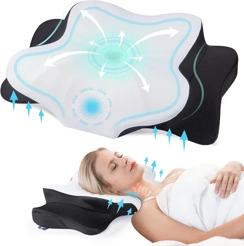 Vista 9 de Almohada cervical para el cuello para aliviar el dolor, almohada cervical con almohadas ergonómicas de espuma viscoelástica con doble altura