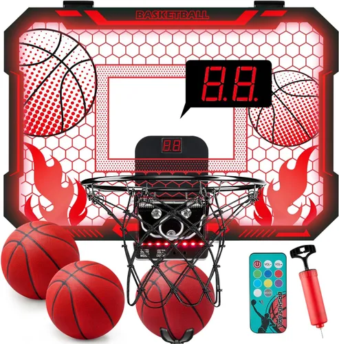 Vista 8 de VROGTIK Aro de baloncesto interior para niños con luces LED, mini aro de baloncesto con control remoto sobre la puerta, aros de baloncesto