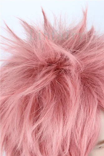 Vista 2 de Linfairy Peluca de cosplay de anime, color rosa, recta y corta, unisex, para disfraz de Halloween para hombre