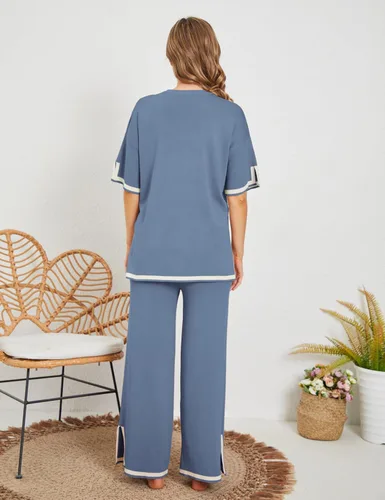 Vista 4 de Tanming - Conjuntos de suéter para mujer, 2 piezas, conjuntos de lounge, tops de punto de manga corta, pantalones de pierna ancha