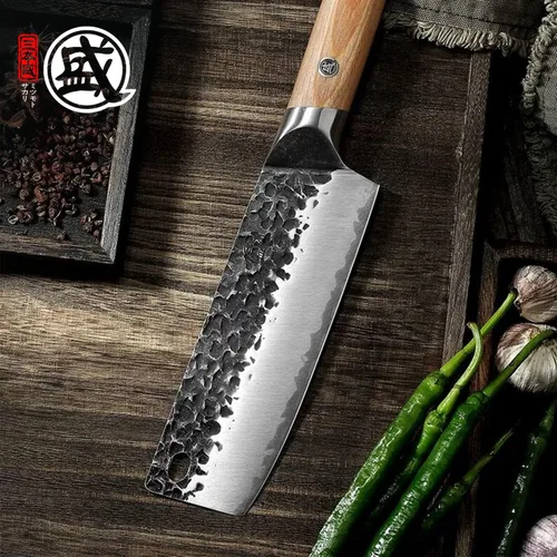 Vista 7 de MITSUMOTO SAKARI Cuchillo japonés Nakiri de 7 pulgadas, acero SKD-11 Wide 2mm Nakiri blade for vegetable push cuts, 3-layer SKD-11 steel, textured