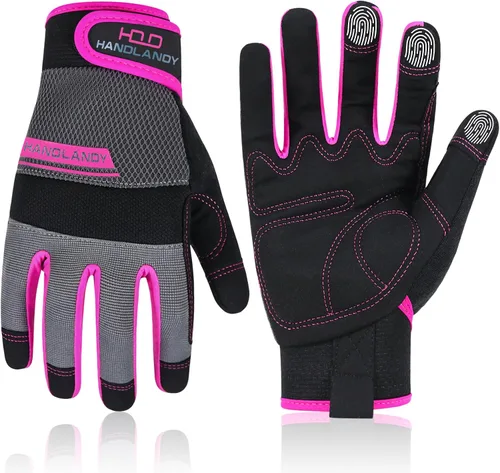 Vista 12 de HANDLANDY Guantes de trabajo para mujer, guantes de jardinería de cuero transpirable para mantenimiento de patio, protección de manos con pantalla