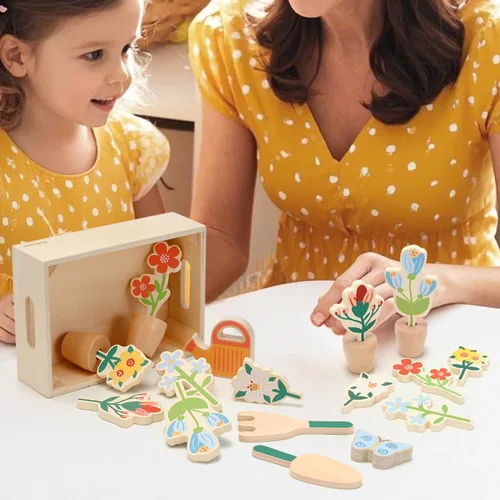 Vista 7 de Juego de herramientas de jardín de flores de madera, caja de jardinería y juego de herramientas de jardín, juguetes Montessori, aprendizaje