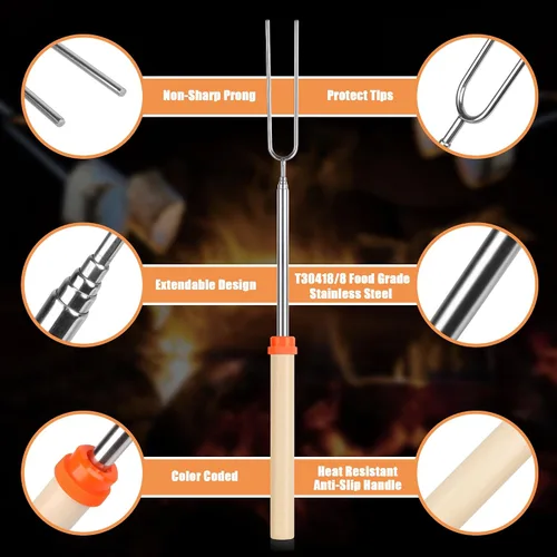 Vista 7 de BRIOUT - Palos para asar malvaviscos - Palitos para s'mores para fogata - Brochetas para hot dog y malvaviscos para fogata de camping - Tenedores